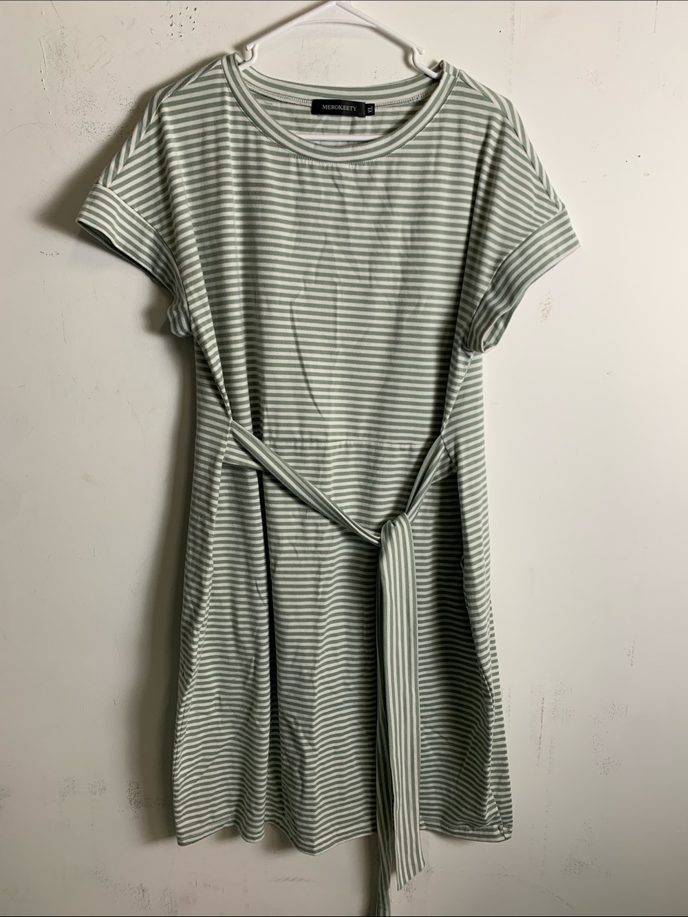 Merokeety Sage Striped Tie-Waist Mini Dress